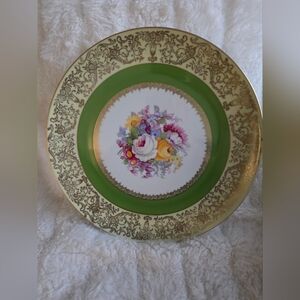 CECIL Elegant Floral Green and Gold Dinner Plate made Szechoslovakia